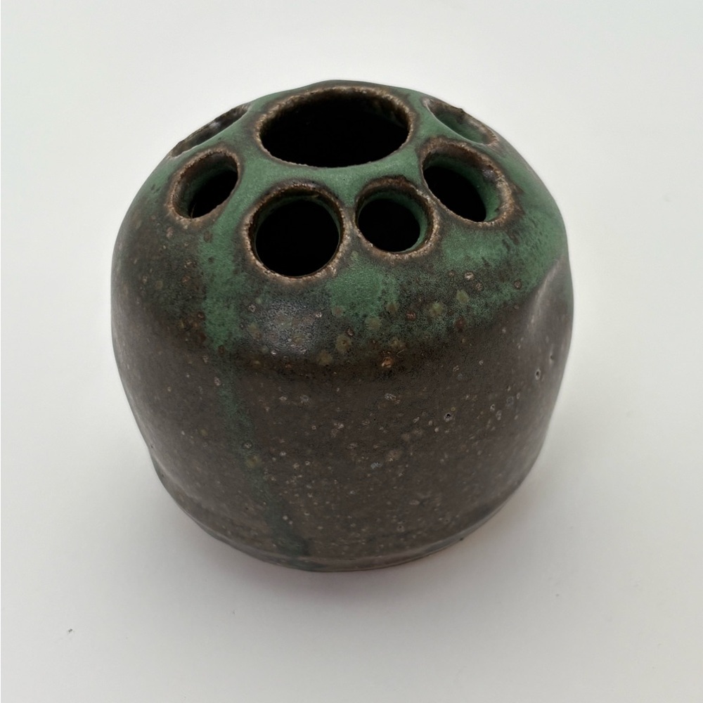Vintage Signed Handcrafted Pottery Green and Brown Glaze Flower Frog/Vase